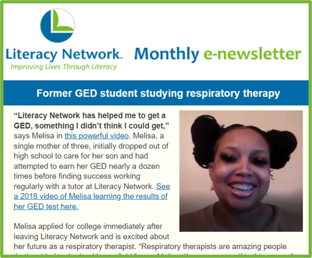 Adult learner Melisa on front of July enews