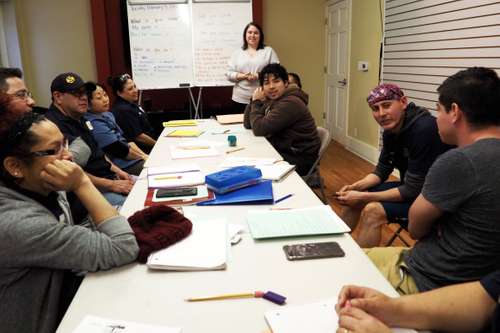 Instructor Cassie Pilarski leads the class at Saris.