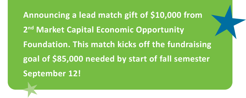 10000 dollar lead match gift from 2nd Market Capital Economic Opportunity Foundation